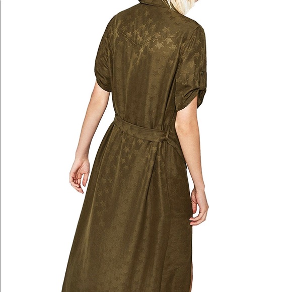 NWT Zara Green Khaki Satin Star Print Shirt Dress - Picture 6 of 8